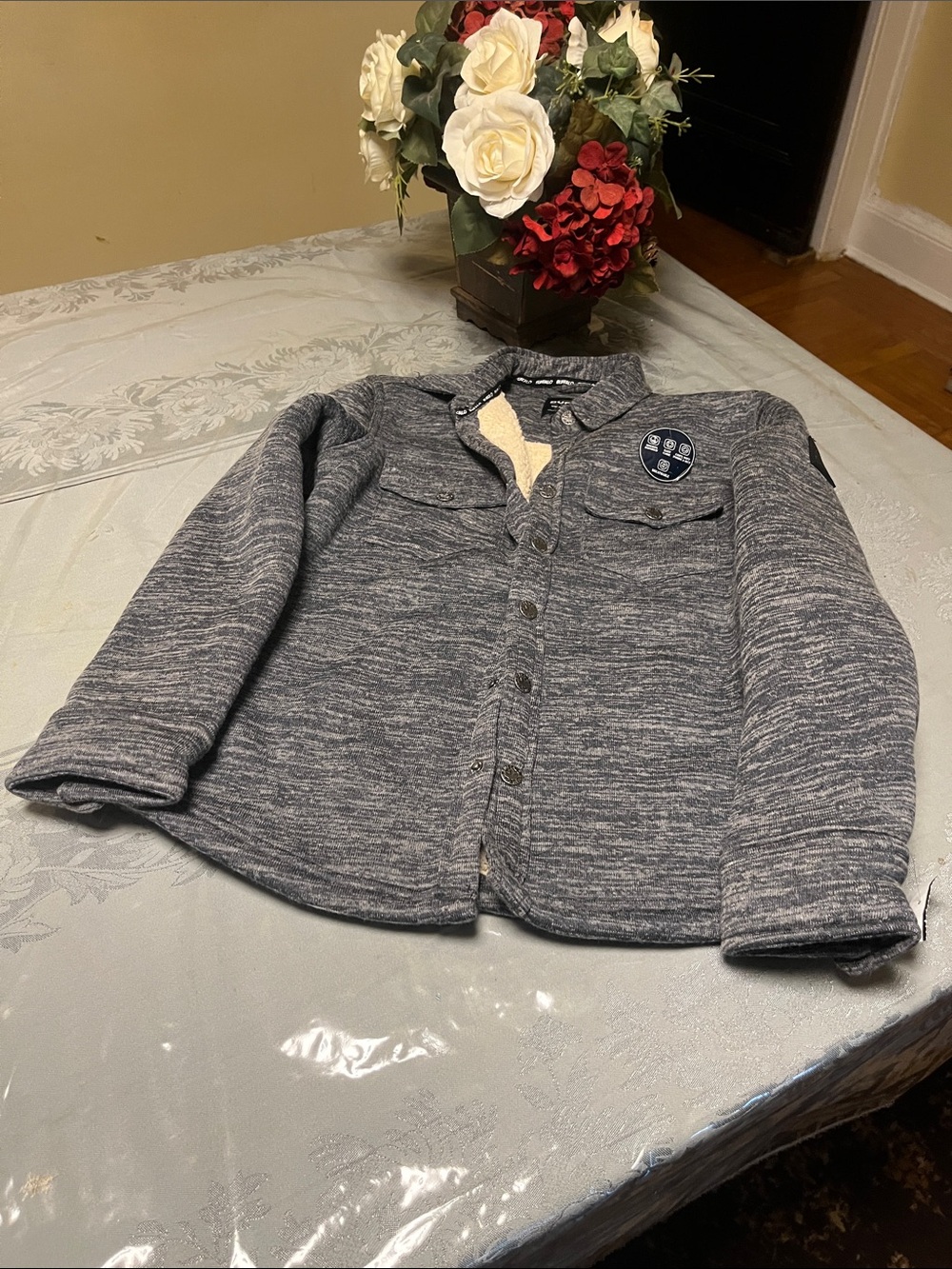 Boys Gray Knit Buffalo Button-Up Jacket with Patch, and inside insulated.(New)